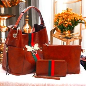 3 PC Urban Girl Cognac Luxury Designer Hobo Set